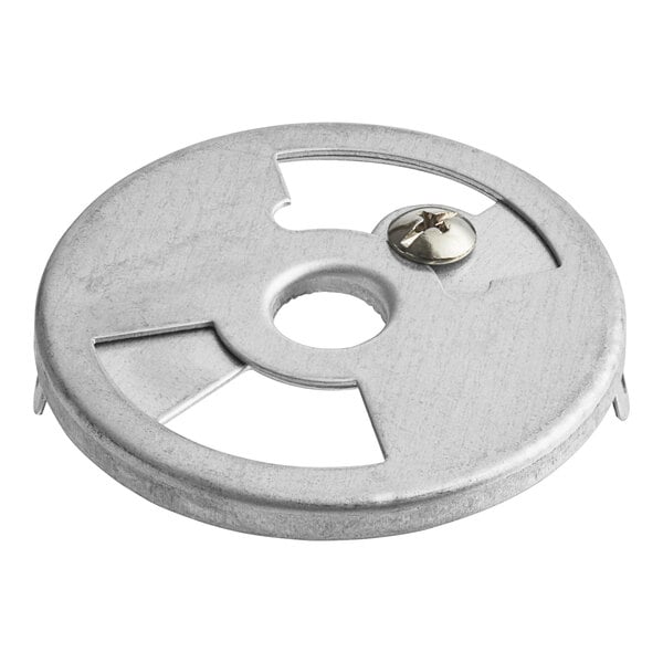 A round metal disc with a hole in the center.