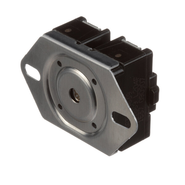 A close-up of a black and silver metal Hatco Hi Limit switch with a white background.