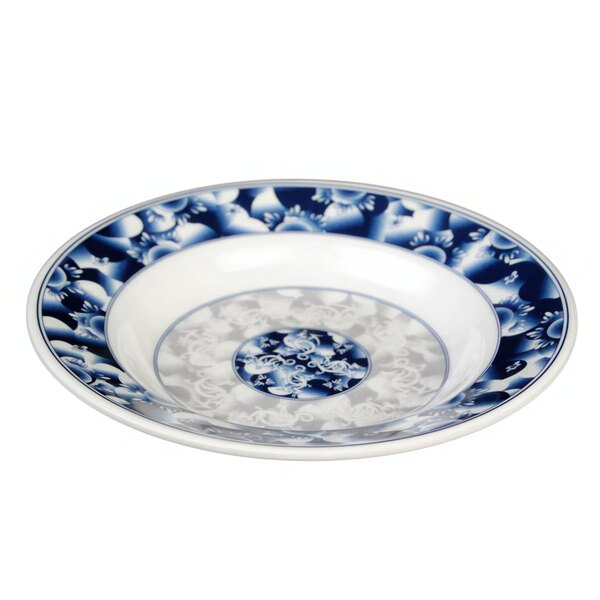 A close-up of a blue and white Thunder Group Blue Dragon melamine soup plate with a dragon design.