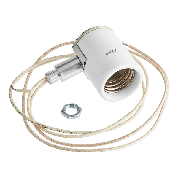 A white light fixture with a cord and a metal tube connected to a white electrical plug.