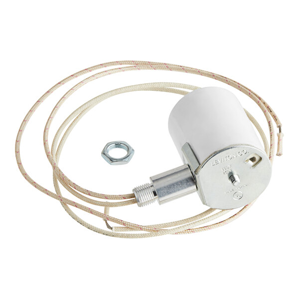 A close-up of a white cylinder with white and silver wires and a nut.