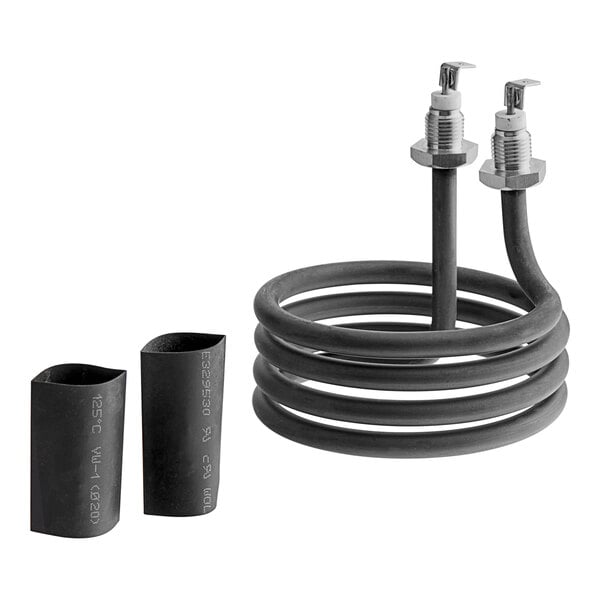 A black coil with two black tubes and metal wires.