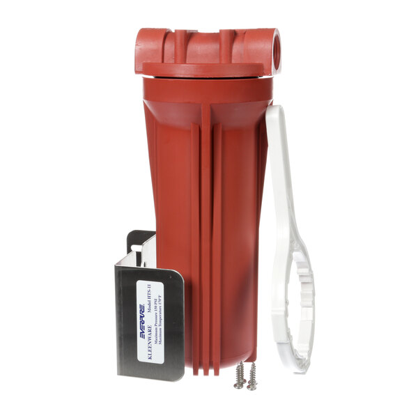 A red Hatco water treatment filter with a white handle.