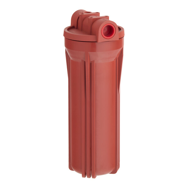 A red Hatco water treatment unit with a cylindrical body and threaded inlet and outlet ports.