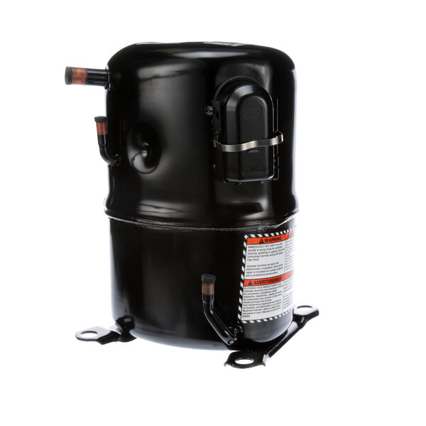 A Master-Bilt black refrigeration compressor with a white label on the cylinder.