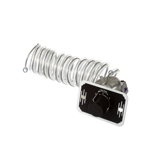 A metal coil with a black knob on a white background.