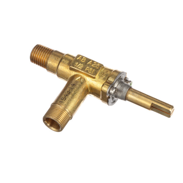 A close-up of a brass Southbend gas valve with a gold handle.