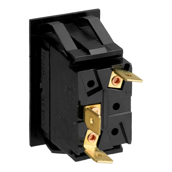 A black Southbend 1179949 lighted rocker switch with three brass terminals.
