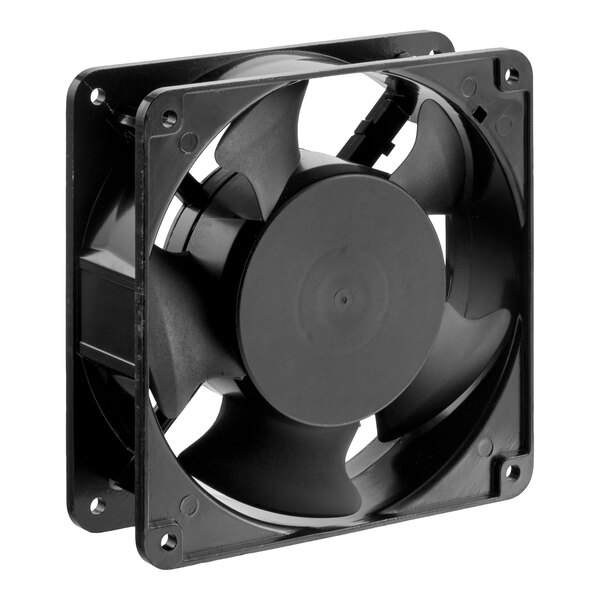 A black square cooling fan with five blades and mounting holes at each corner.