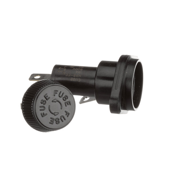 A close-up of a Lincoln fuse holder with a black plastic plug and black knob.