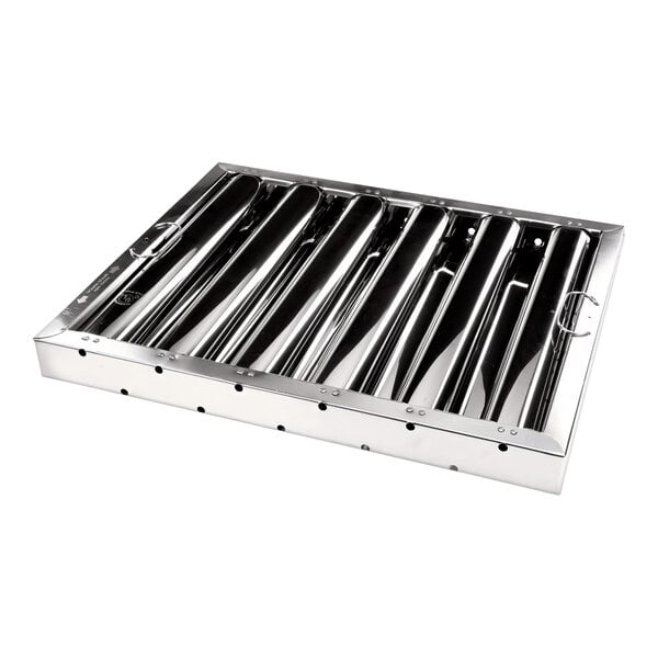 A metal tray with metal Wells grease baffles.