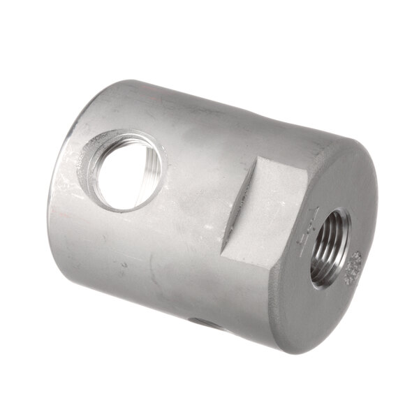 A close-up of a stainless steel threaded pipe nut for a Henny Penny fryer.