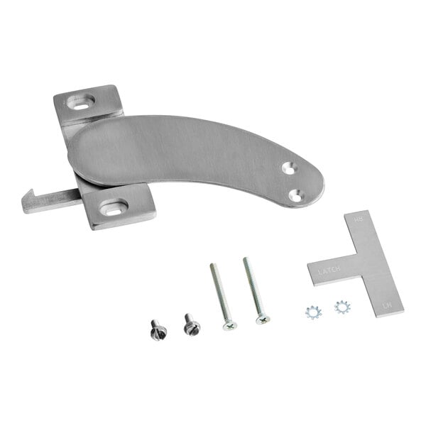 A stainless steel Blodgett latch handle with screws.