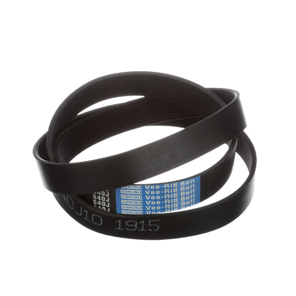 Two black V belts with blue and white labels.