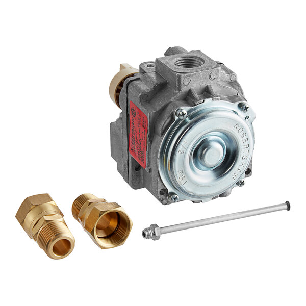 A close-up of a Pitco gas valve with brass fittings.