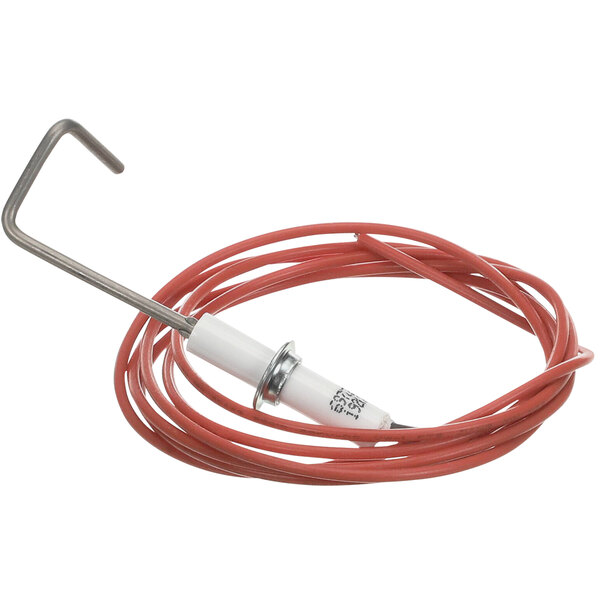 A red wire with a white handle and a metal hook on the end.