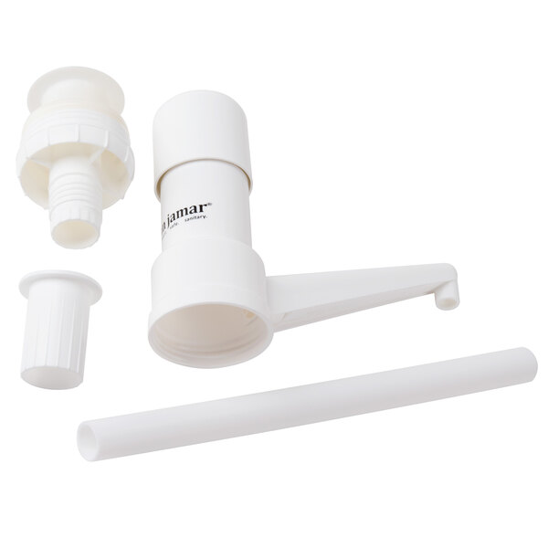 A white rectangular San Jamar condiment dispenser pump with a round top and a white plastic tube.