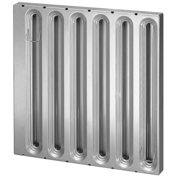 A silver rectangular Kason hood filter with holes.