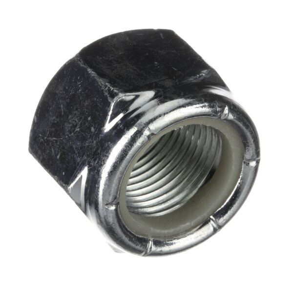 A close-up of a Salvajor aluminum rotor nut with a silver finish.