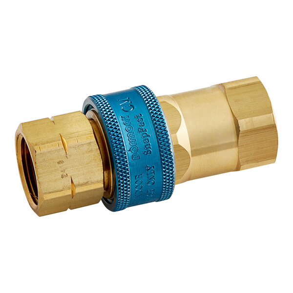 A brass Frymaster Snapfast coupler with blue threads.