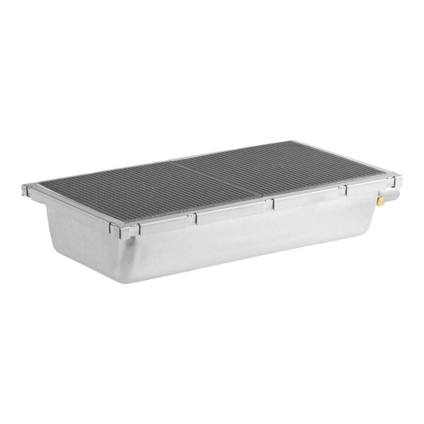 A grey rectangular metal container with a lid and a handle.