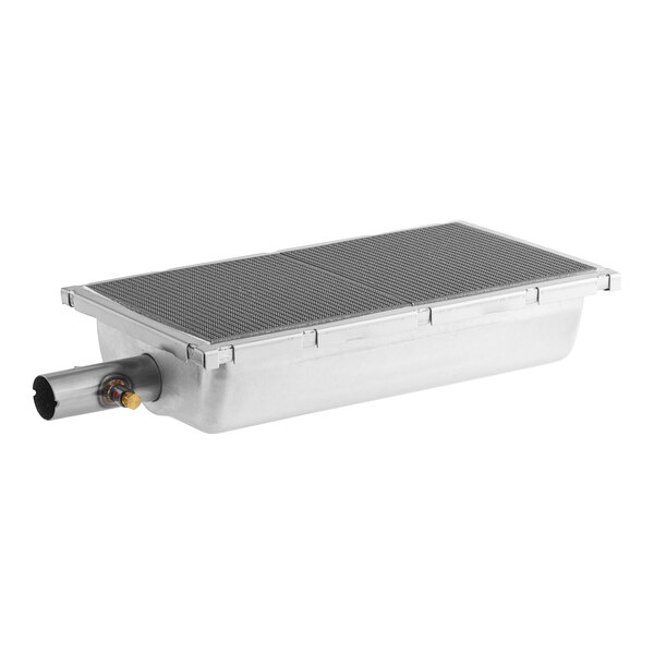 A stainless steel rectangular box with black rubber padding on the bottom and a lid on top.