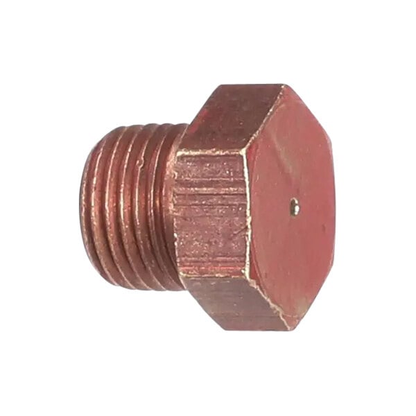 A close-up of a copper threaded nut.