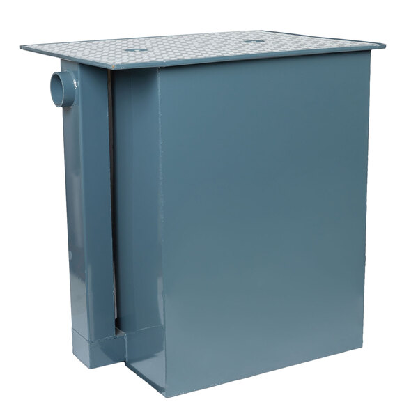 A blue rectangular Watts grease trap with a square top and a drain.