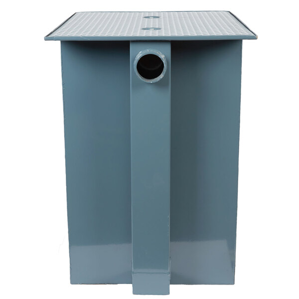 A blue rectangular metal Watts GI-150-K Grease Trap with a hole in the top.