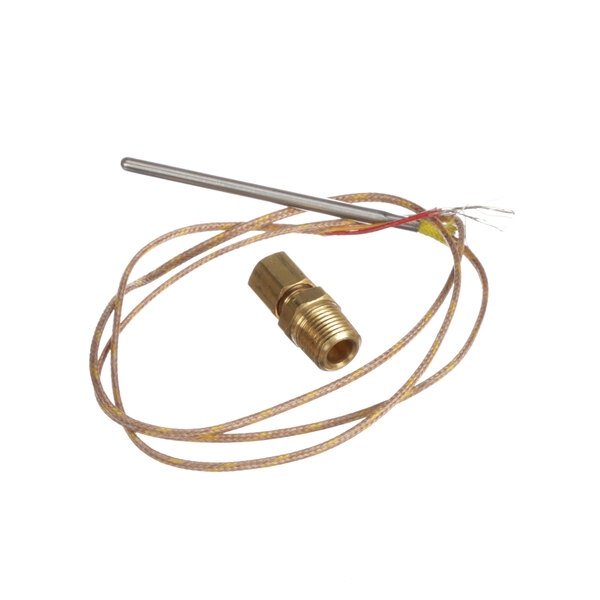 A close-up of a wire and a metal rod with a brass fitting.