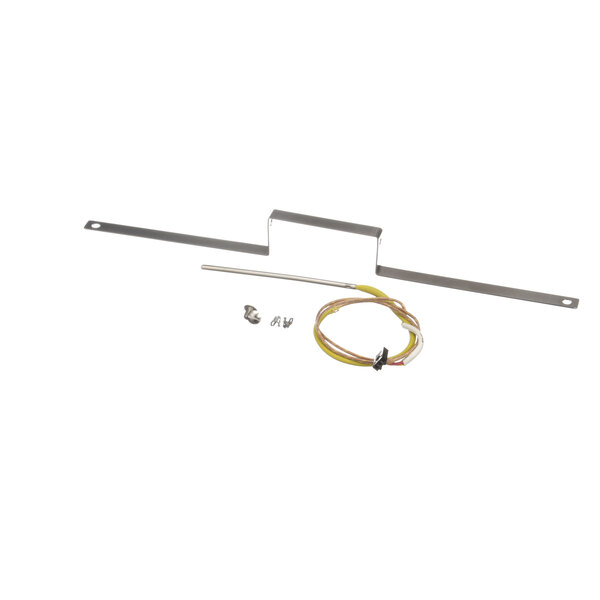 A metal bar with a yellow wire and black wires attached.