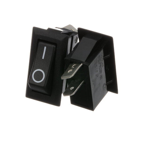 A close-up of a black and white toggle switch with a light.