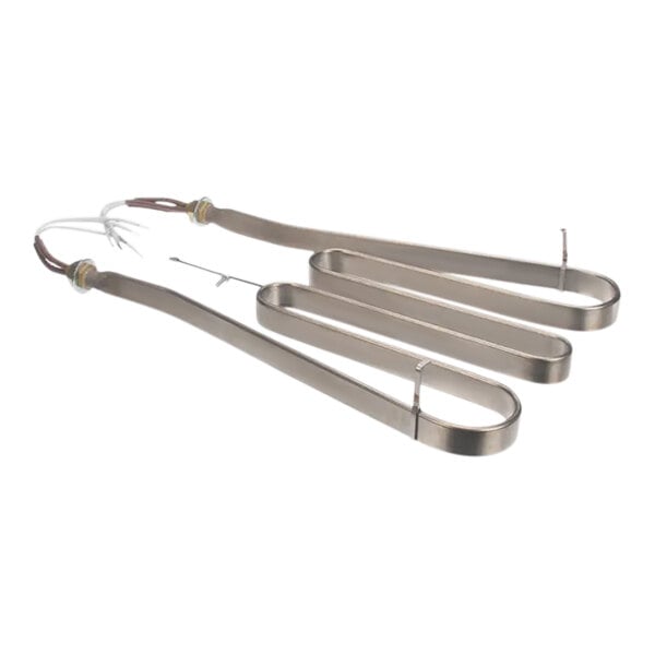 A close-up of a metal object with two metal tongs attached to a white metal bar.