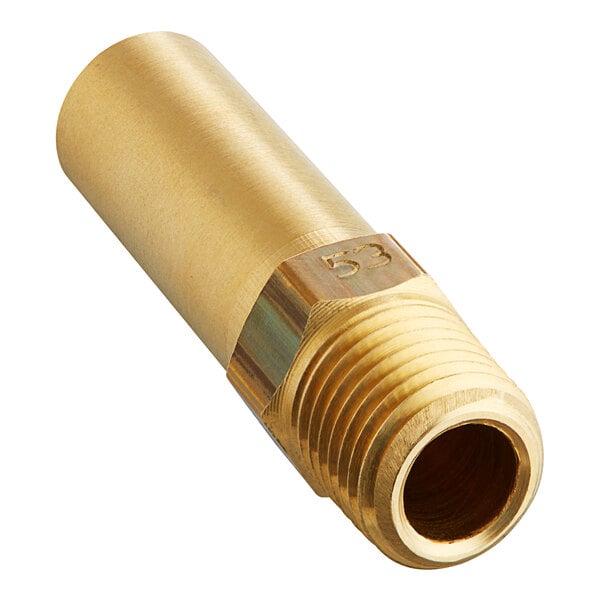 A brass Frymaster orifice with a threaded nut.