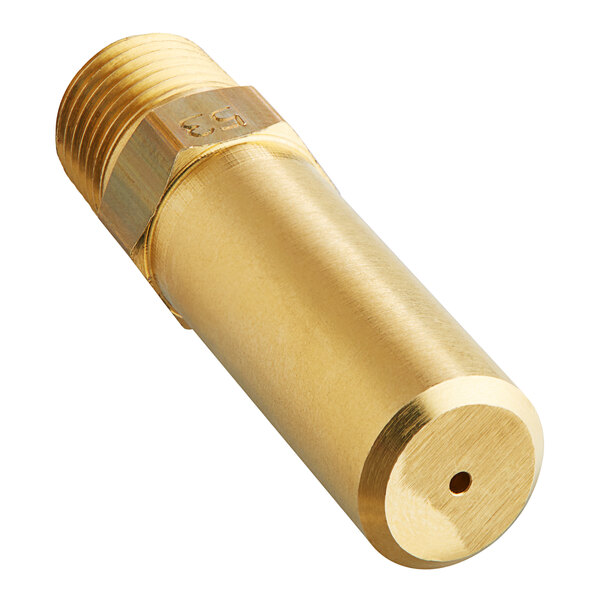 A gold metal cylinder with a brass nozzle and a nut.