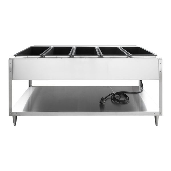 A stainless steel electric five pan hot food table with a lower shelf and power cord.