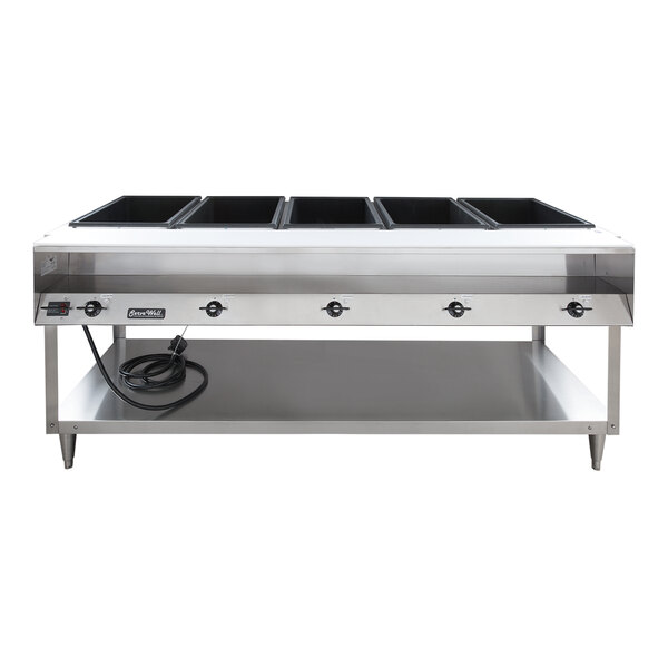 A stainless steel electric five pan hot food table with sealed wells and an open lower shelf.