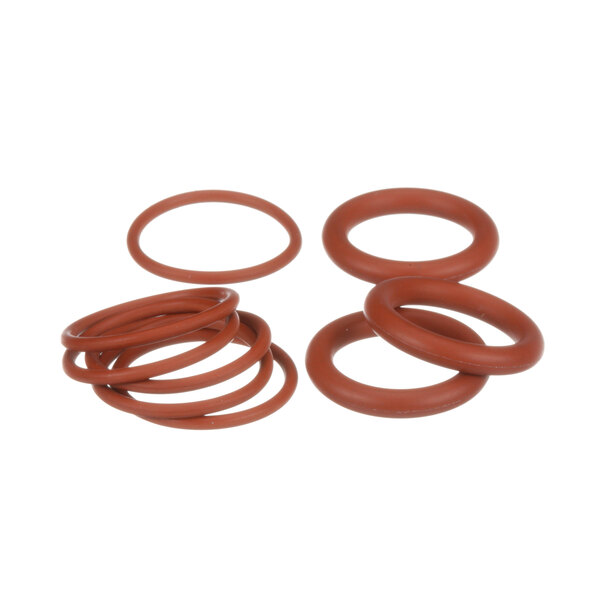 A brown round rubber o-ring with a round orange rubber o-ring.