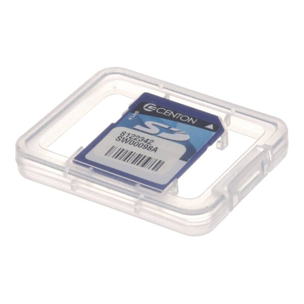 A clear plastic case with a small blue and white memory card inside.