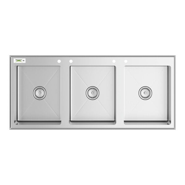 A row of three Regency stainless steel drop-in sink bowls.