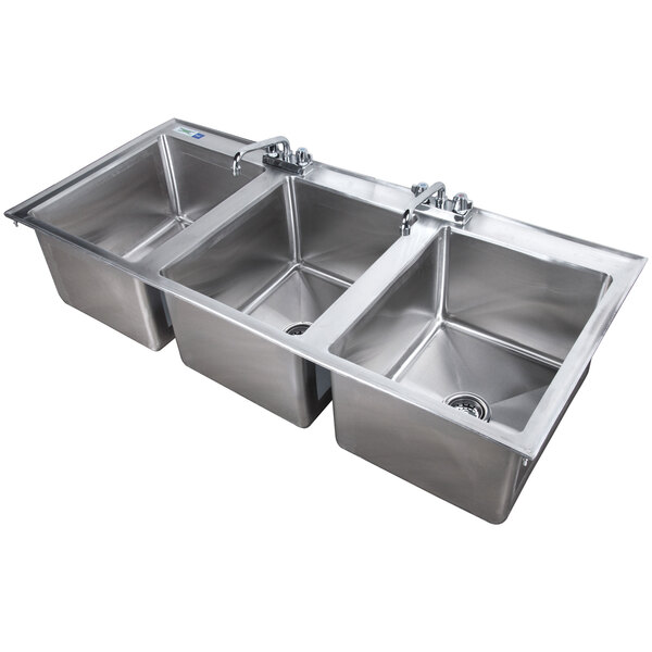 Regency 16 X 20 X 12 16 Gauge Stainless Steel Three Compartment Drop In Sink With 2 8 Faucets