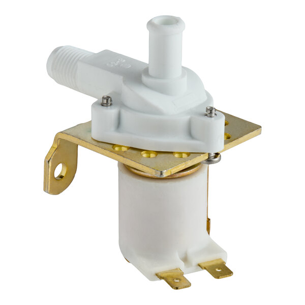A white and brass-colored water fill valve with electrical connectors and mounting bracket.