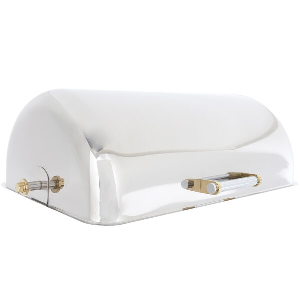 A silver metal Vollrath New York Chafer cover with a gold metal handle.