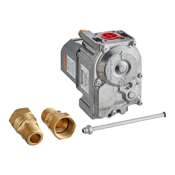 A close-up of a Pitco gas valve with brass fittings.