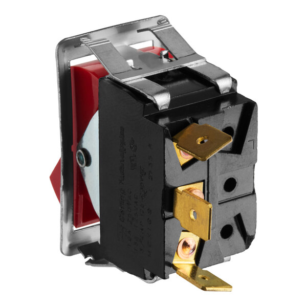 A Blodgett 6498 red rocker switch with metal and plastic components.