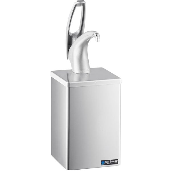 A silver rectangular San Jamar countertop condiment dispenser with a chrome pump on a counter.