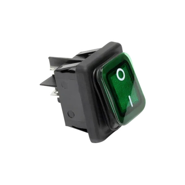 A close-up of a green push button switch with white text.