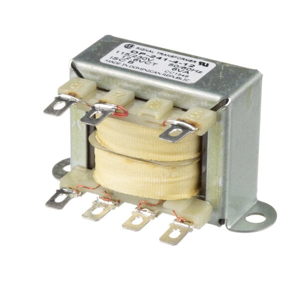 A close-up of a BevLes 784448 Transformer, a small metal box with a white label and two wires.