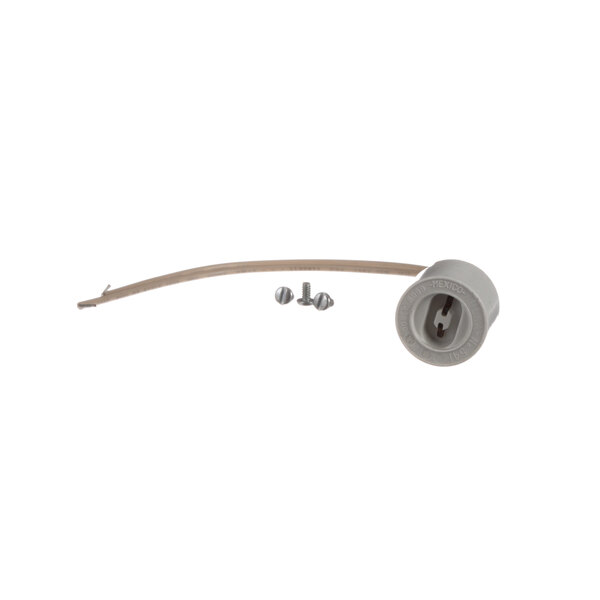 A white plastic lampholder with a screw and nut.