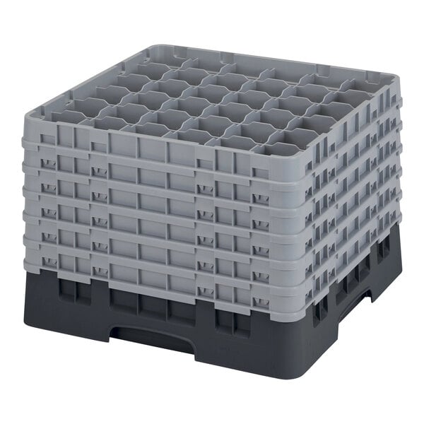 A black plastic Cambro glass rack with grey extenders.